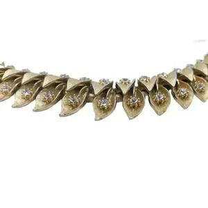 Vintage Necklace Gold Textured Double Leaf Leaves Layered Rhinestone Accents